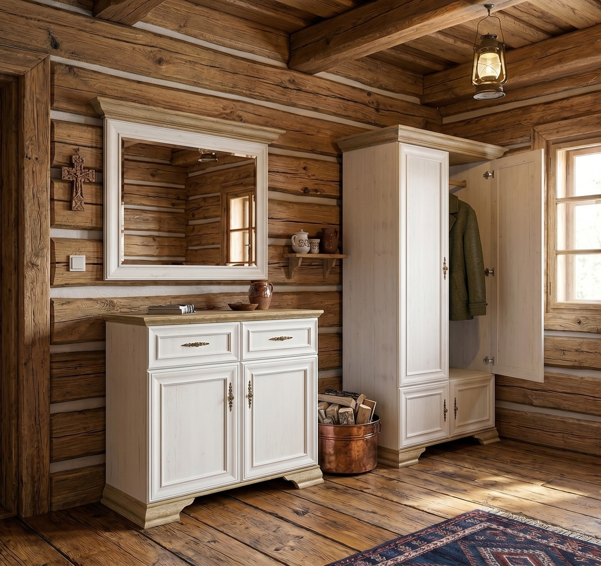 Předsíň JARMANKA, horský chalet style, nábytek bílý s prosvítající strukturou dřeva, místnost klády, moderní roubenka